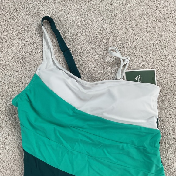 Eomenie Womens One Shoulder Colorblock Ruched One Piece Swimsuit Green White - Picture 2 of 10